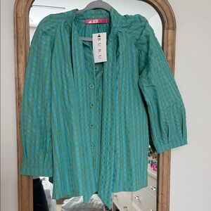 BURU Teal Checkered Button-Up Blouse